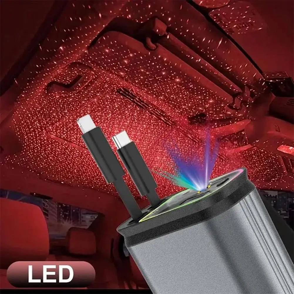 4 In 1 120W Retractable Car Charger Starlight In Car Roof,Star Night Light Type C Fast Charging Adapter Dual Cable Car Charger