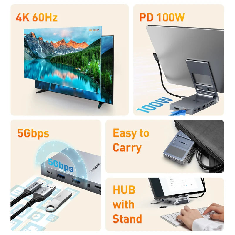 CABLETIME 8 IN 1 USB C Hub Stand Dock Foldable Stand HDMI 4K 60Hz PD100W USB C HUB For IPad Pro Android Tablet iPhone15 Pro Max