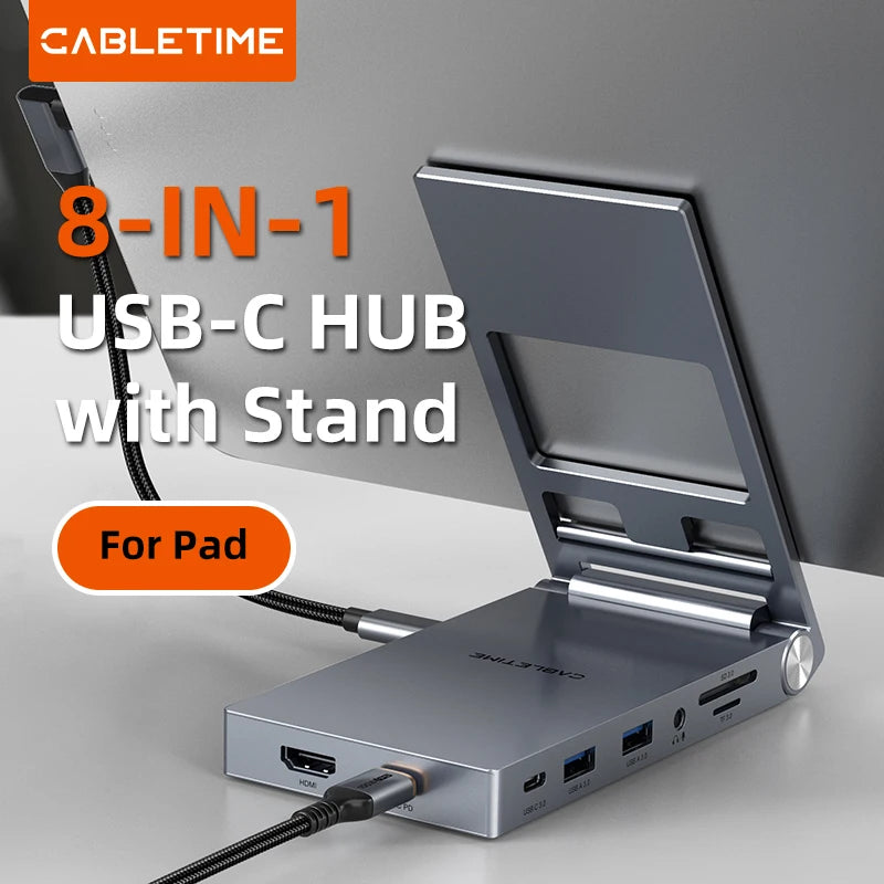 CABLETIME 8 IN 1 USB C Hub Stand Dock Foldable Stand HDMI 4K 60Hz PD100W USB C HUB For IPad Pro Android Tablet iPhone15 Pro Max