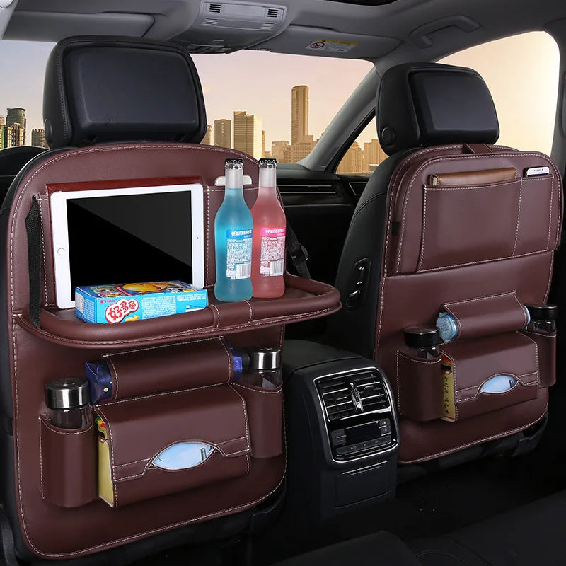 Car Seat Back Organizer with Foldable Table Tray PU Leather Storage Organizer Pockets Kick Mats Seat Interior Accessories