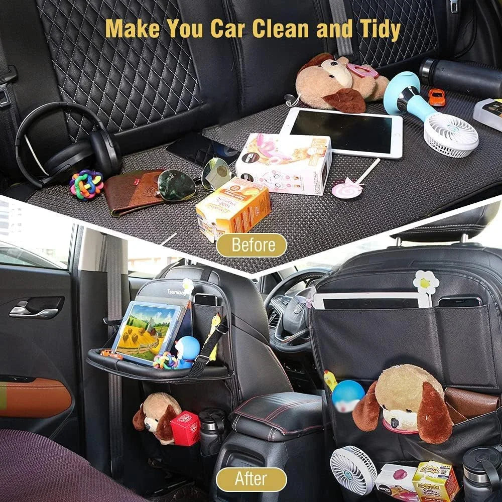 Car Seat Back Organizer with Foldable Table Tray PU Leather Storage Organizer Pockets Kick Mats Seat Interior Accessories
