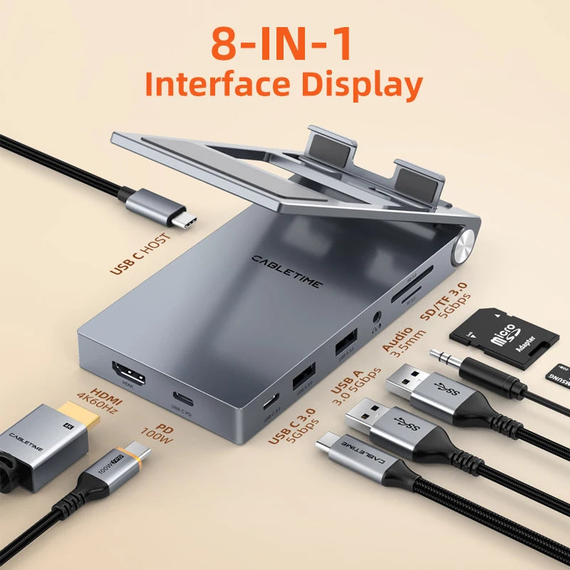 CABLETIME 8 IN 1 USB C Hub Stand Dock Foldable Stand HDMI 4K 60Hz PD100W USB C HUB For IPad Pro Android Tablet iPhone15 Pro Max
